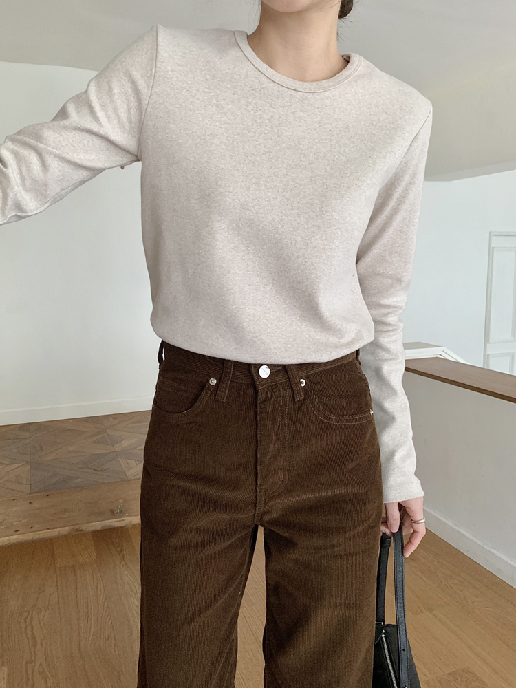 겨울 데일리 피치기모 스판 여성 티셔츠 긴팔티 기본 라운드 이너 레이어드티 기모 티셔츠 - 상세 이미지 4
