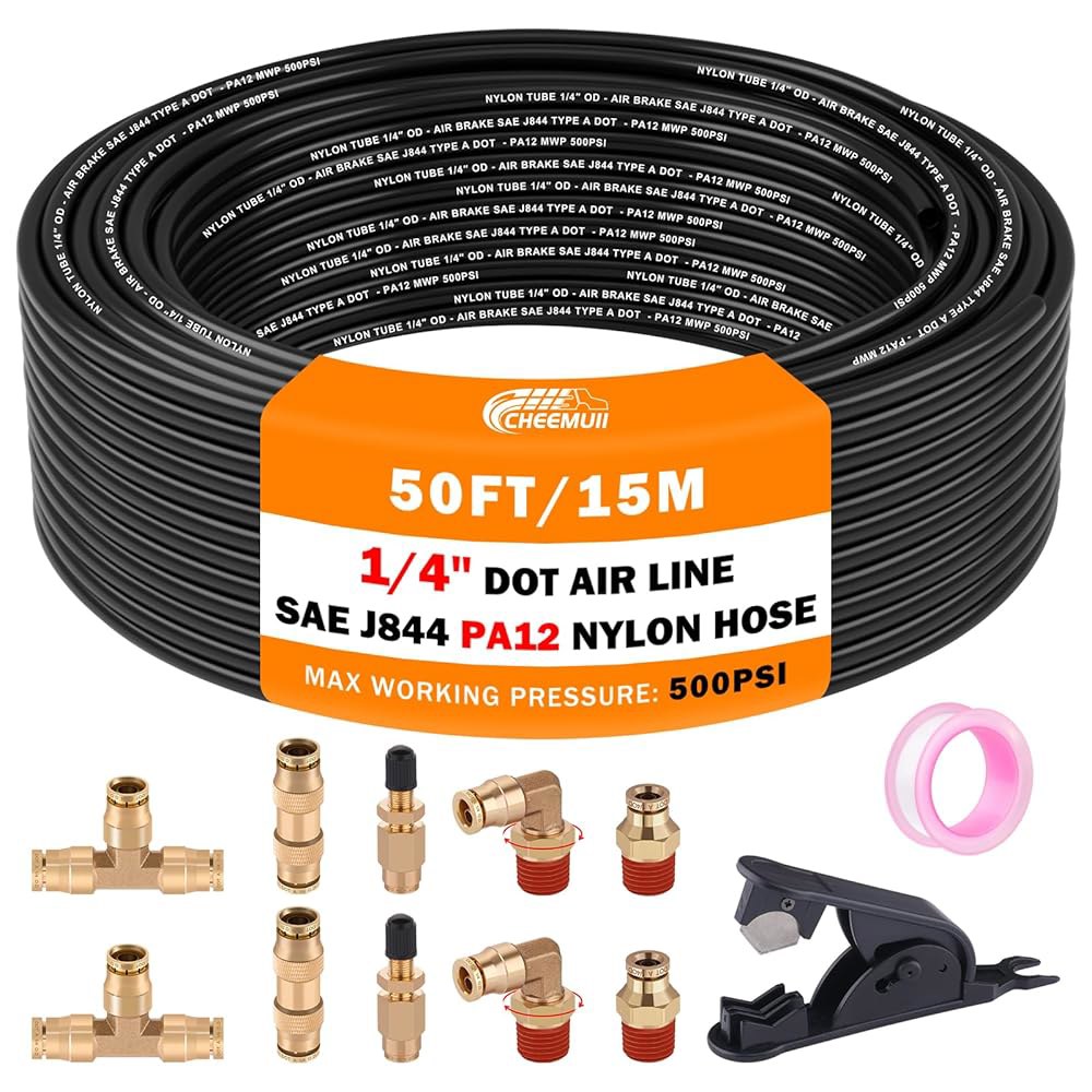 에어백 서스펜션용 황동 피팅 키트 10개가 포함된 CheMuii 50FT 1/4 DOT 에어 라인 1/4Inch-13Pcs - 상품 이미지