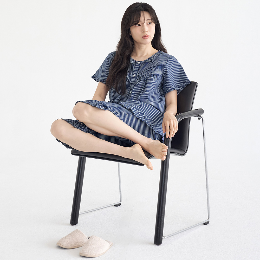 네이비ST 반팔 여름 빅사이즈 순면 여성 잠옷 홈웨어 세트 이미지 2