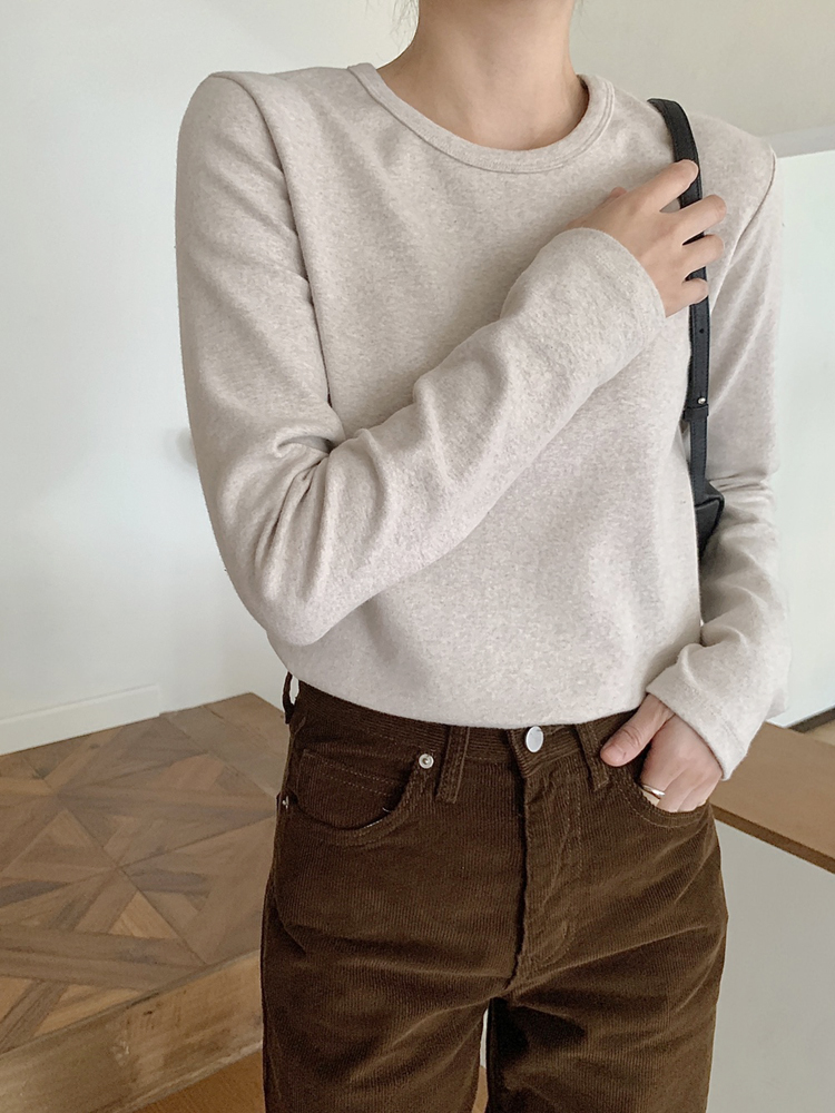 겨울 데일리 피치기모 스판 여성 티셔츠 긴팔티 기본 라운드 이너 레이어드티 기모 티셔츠 - 상세 이미지 2