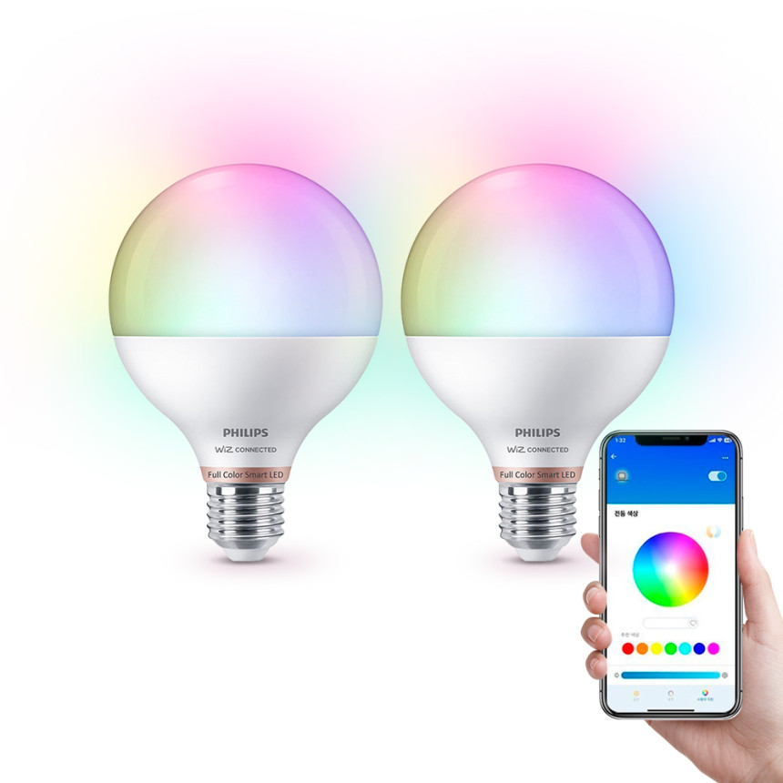 필립스 위즈 컬러 앰비언스 LED 스마트전구 볼전구 E26소켓 11W, RGB, 2개