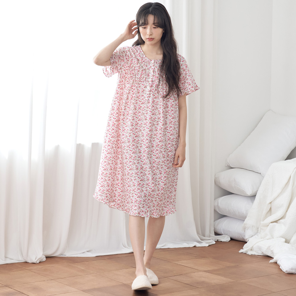 빨간잔꽃 반팔 여름 빅사이즈 순면 여성 홈웨어 원피스 잠옷 이미지 4