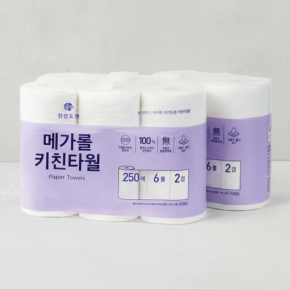 메가마트 신선도원 메가롤 키친타월 250매x6롤x2개 - 상품 이미지