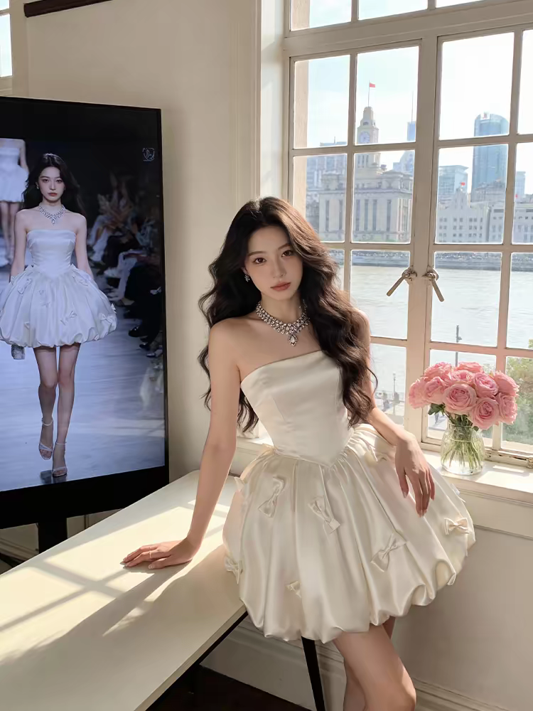 튜브탑 리본 볼륨 미니드레스 스몰웨딩 컨셉촬영 파티룩 브라이덜샤워 원피스 - 상세 이미지 3