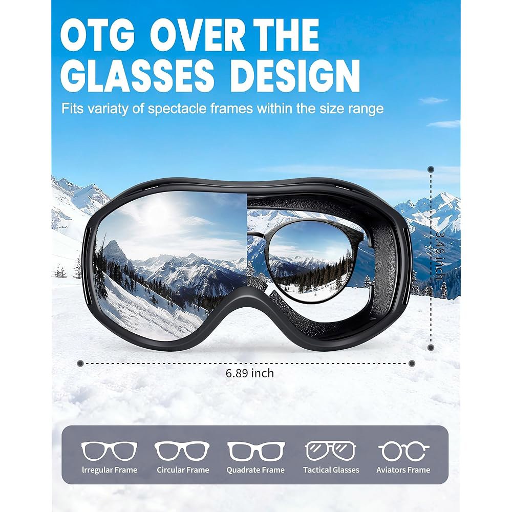 AVV 스키 고글 UV 보호, 김 서림 방지 스노우보드 스노우 OTG 남성 여성 성인 및 청소년용 1 Black Frame Grey&red Vl - 상세 이미지 2