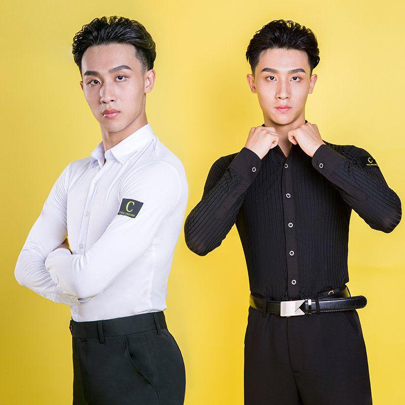 남성 상의 라틴댄스 연습복 남자댄스복 성인댄스 셔츠 블랙 스트라이프 니트 M - 상세 이미지 2