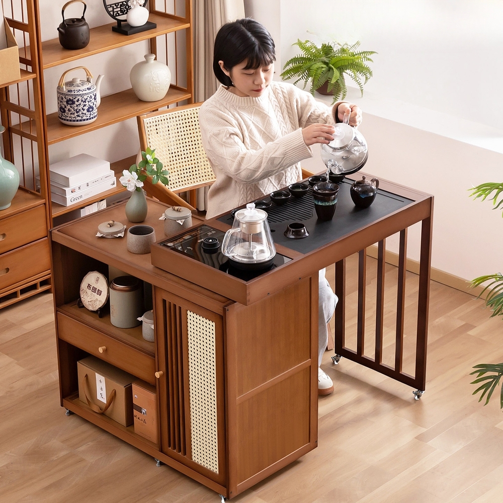 다도테이블 티테이블 주방수납장 원목 브라운 일본식 이동식 확장형 다용도 다과상 거실 차탁 - 상세 이미지 3