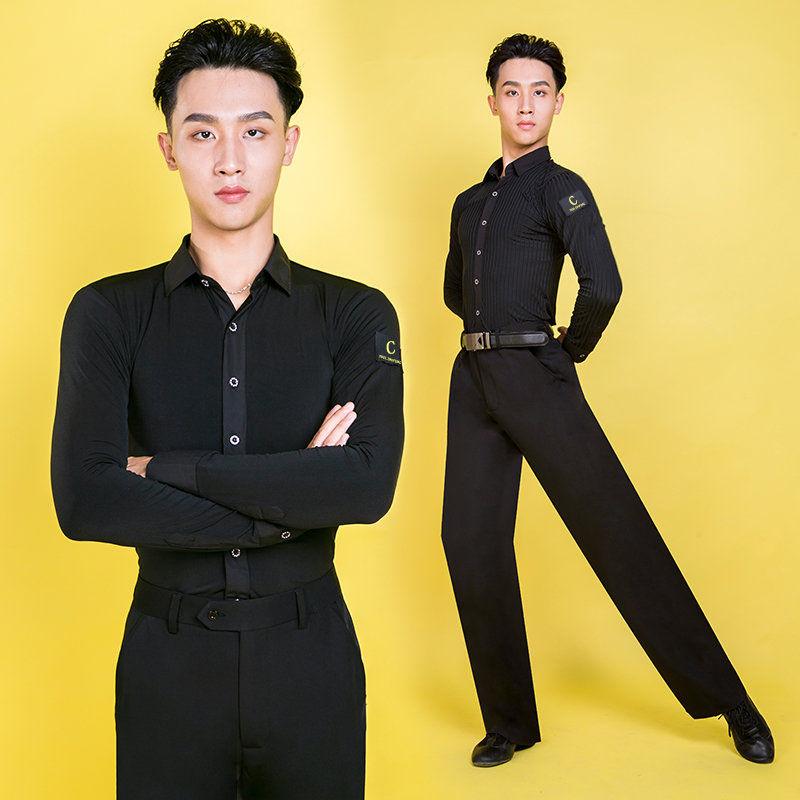 남성 상의 라틴댄스 연습복 남자댄스복 성인댄스 셔츠 블랙 스트라이프 니트 M - 상세 이미지 4