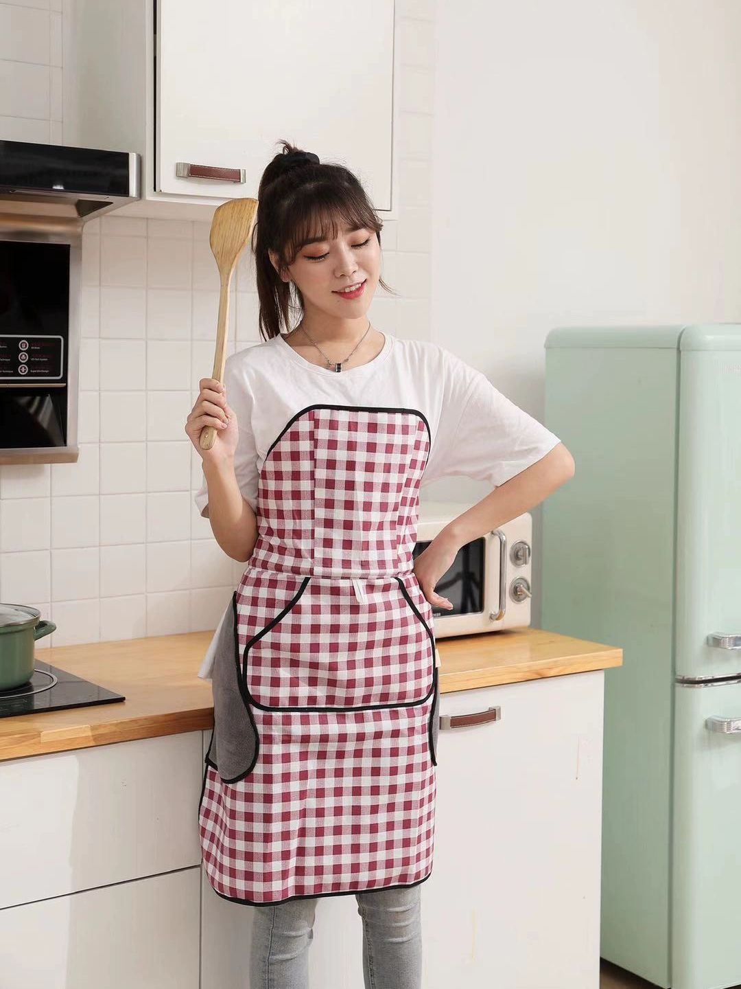 끈없는 철사 앞치마 코팅 라벤더 방수 자동 레드 체크 나노 있음 - 상품 이미지