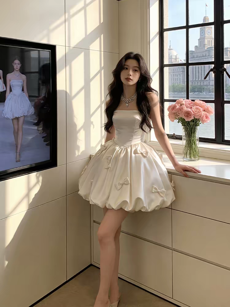 튜브탑 리본 볼륨 미니드레스 스몰웨딩 컨셉촬영 파티룩 브라이덜샤워 원피스 - 상품 이미지
