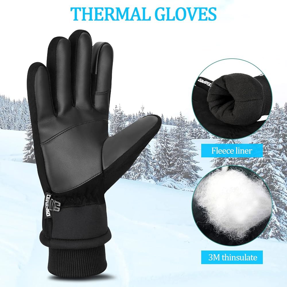 Cevapro 남성용 여성용 겨울 보온 장갑, -28.9 C(28.9 F) 미끄럼 방지 방수 사슴 가죽 스웨이드 단열 터치스크린 블랙., 소형 Black Small - 상세 이미지 2