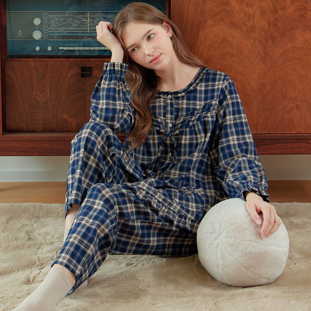 네이비타탄체크 긴팔 약기모 순면 빅사이즈 여성 홈웨어 잠옷 세트 제품 이미지