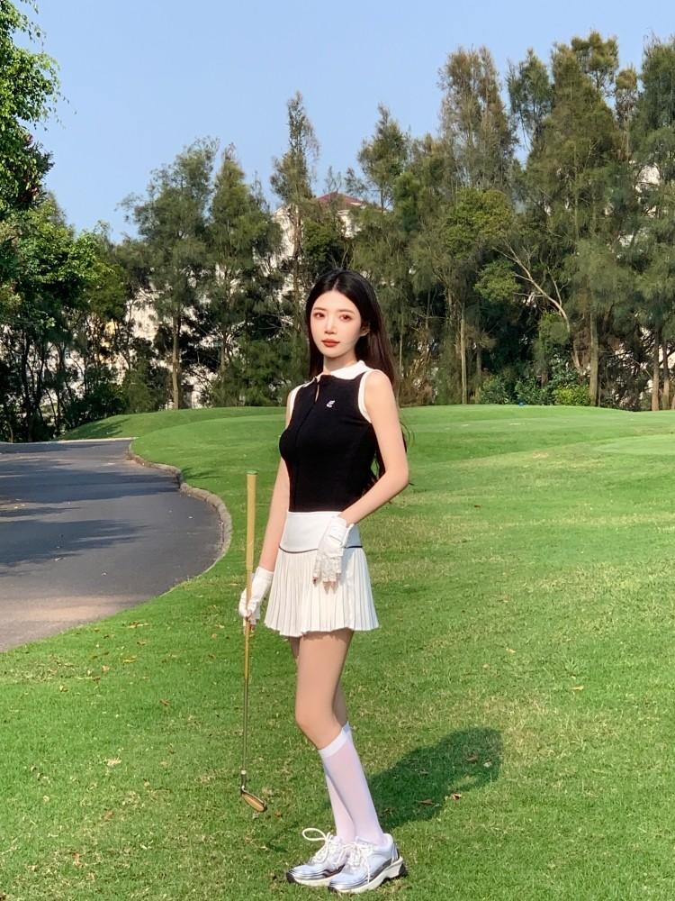 여성 골프웨어 긴팔 민소매 상의 카라티셔츠 미니스커트 세트 봄 가을 여름 스포츠웨어 여름브이넥민소매상의+화이트미니스커트세트 m - 상세 이미지 4