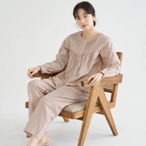 베이지체크 긴팔 순면 빅사이즈 여성 홈웨어 잠옷 세트 착용 후기 | 사이즈/핏 총정리 - 상품 이미지 2