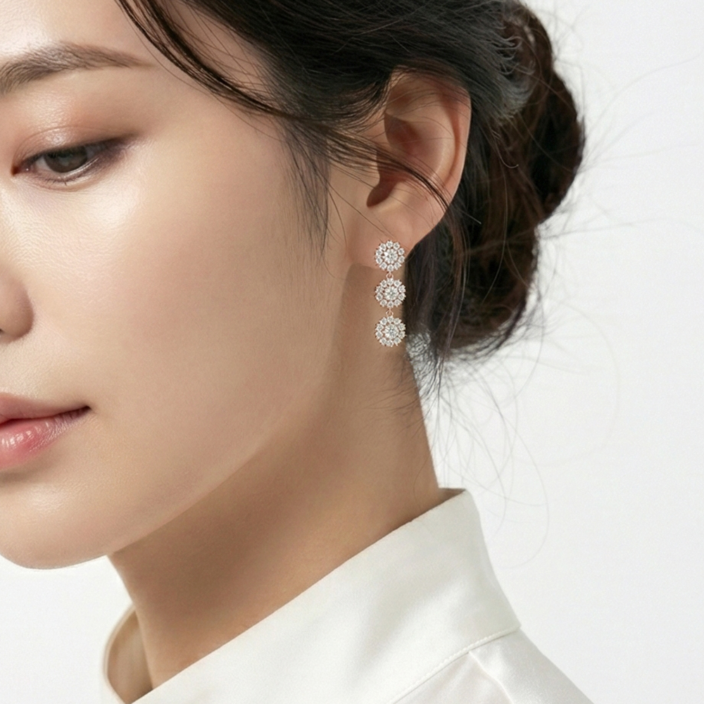 트리플 큐빅 꽃 드롭 925SV 은침 국내제작 귀걸이 - 상세 이미지 2