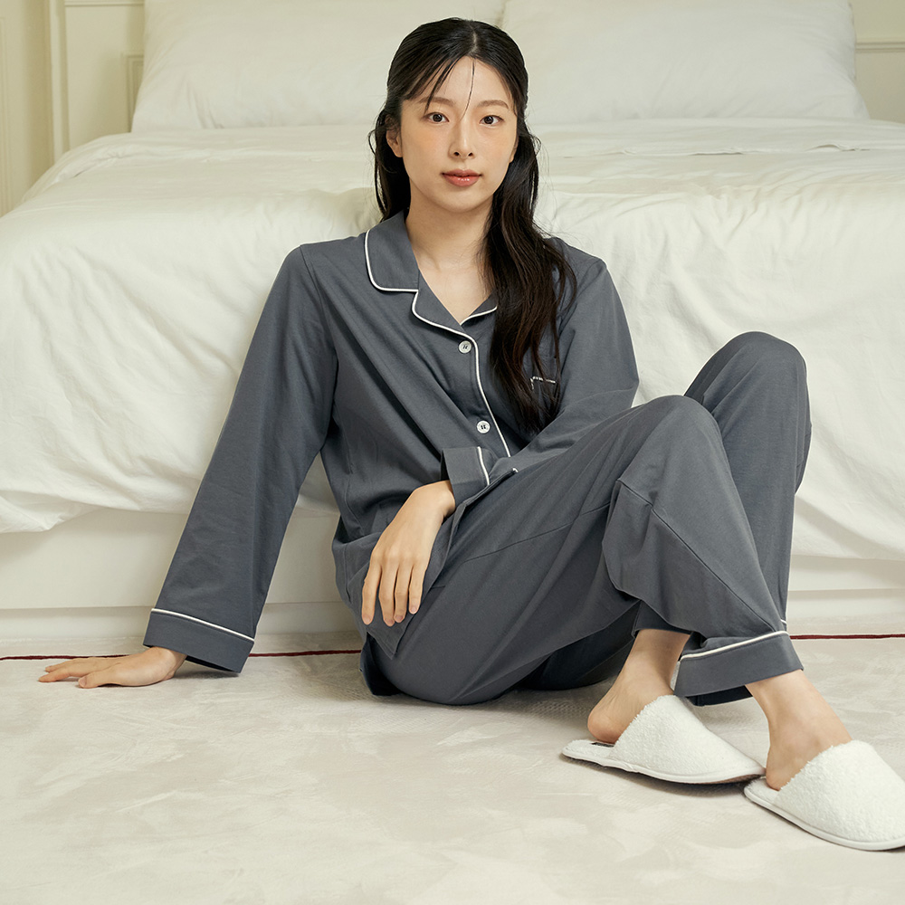소프트 L차콜 여성 니트 면 긴팔 잠옷 홈웨어 파자마 세트 - 상세 이미지 3