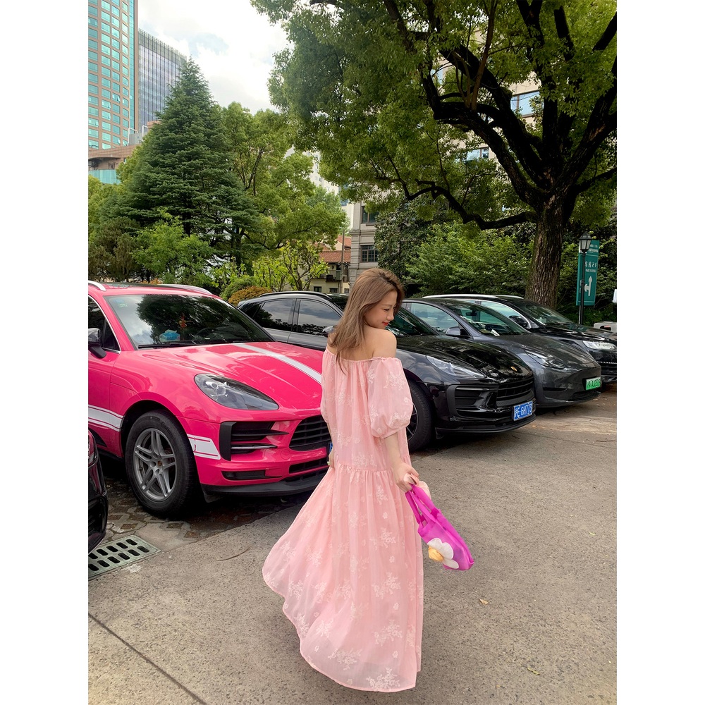 자수 오프숄더 린넨스트라이프롱원피스 반팔퍼프소매 루즈핏 키작녀 봄여름 핑크 - 상세 이미지 5