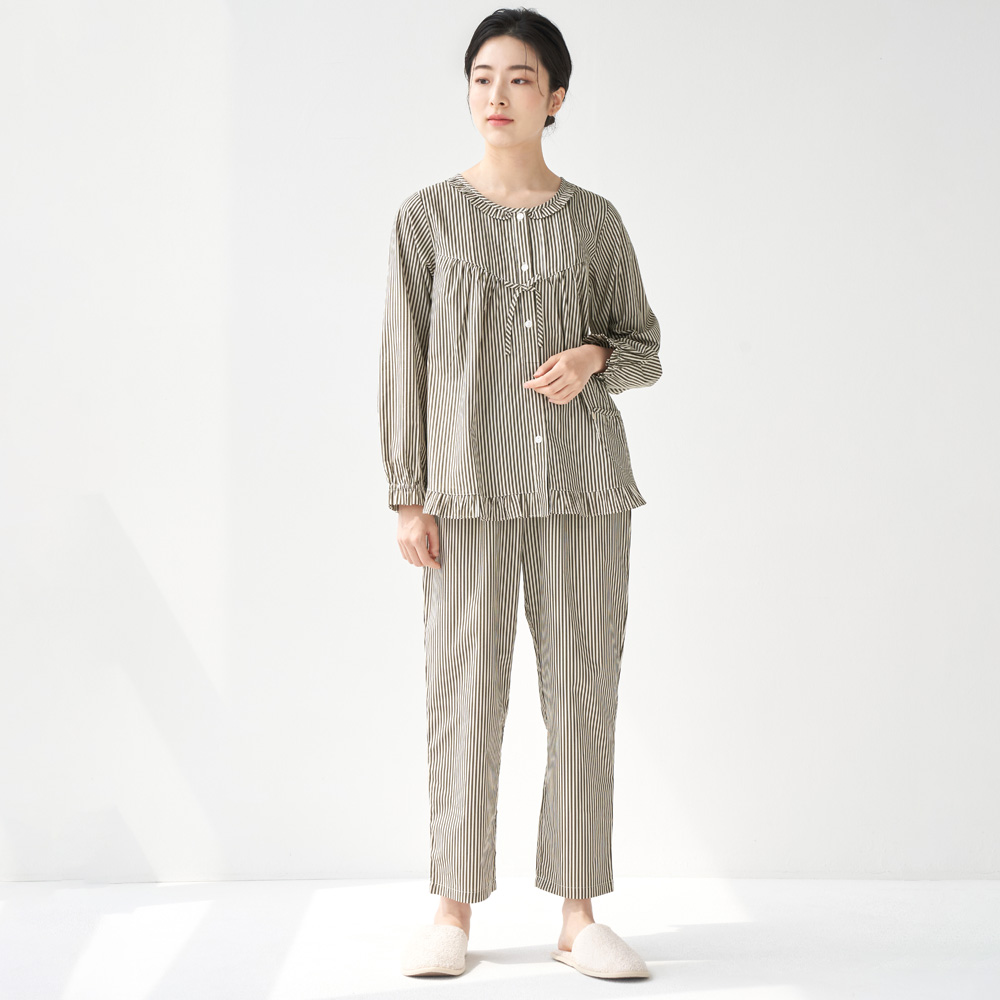 카키ST 여성 순면 긴팔 잠옷 홈웨어 파자마 세트 - 상세 이미지 3