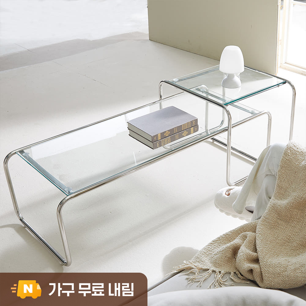 [무료배송] 모노 스테인레스 강화유리 모듈 거실 좌식 소파테이블 1190+530