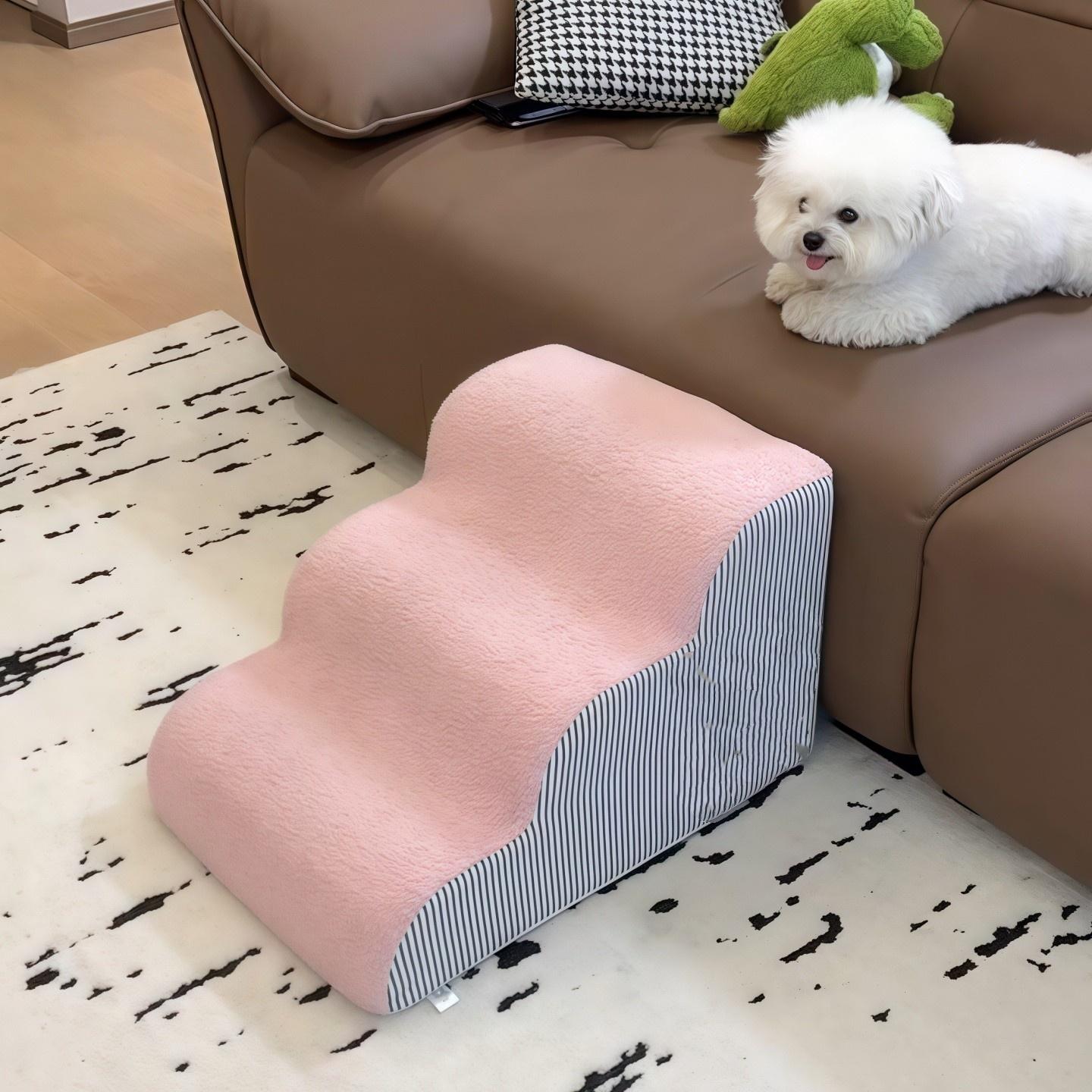 소형견 고양이 침대 소파용 분리형 탈부착 가능 핑크 3단 완전 세트 계단커버포함 폭 36cm - 상세 이미지 4