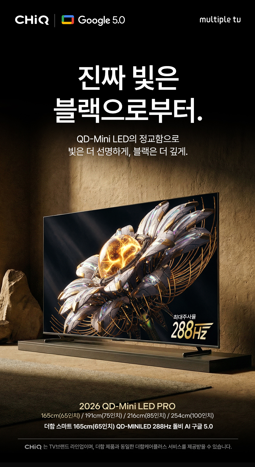 구글5.0 165cm(65인치), QD-MINILED 288Hz, 더함 CHiQ 상하좌우벽걸이 전문설치