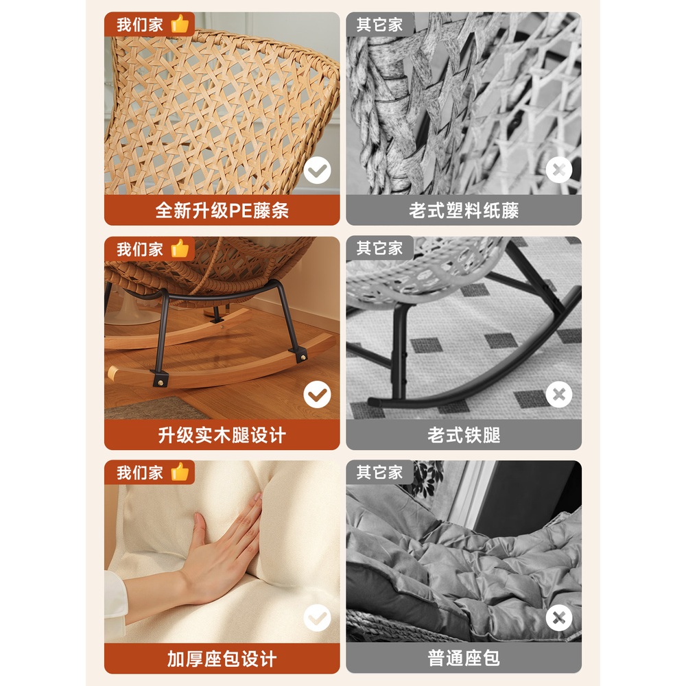 라탄 흔들의자 베란다 인테리어 쿠션 스윙 안락의자 의자 체어 발코니 야외용 탄소섬유라탄의자 - 상세 이미지 3