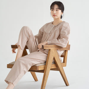 베이지체크 긴팔 순면 빅사이즈 여성 홈웨어 잠옷 세트 착용 후기 | 사이즈/핏 총정리 - 상품 이미지 1