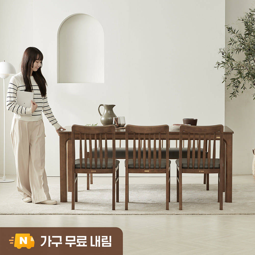 로렌 6인용 고무나무 원목 식탁세트 3인벤치1+의자3 - 상품 이미지