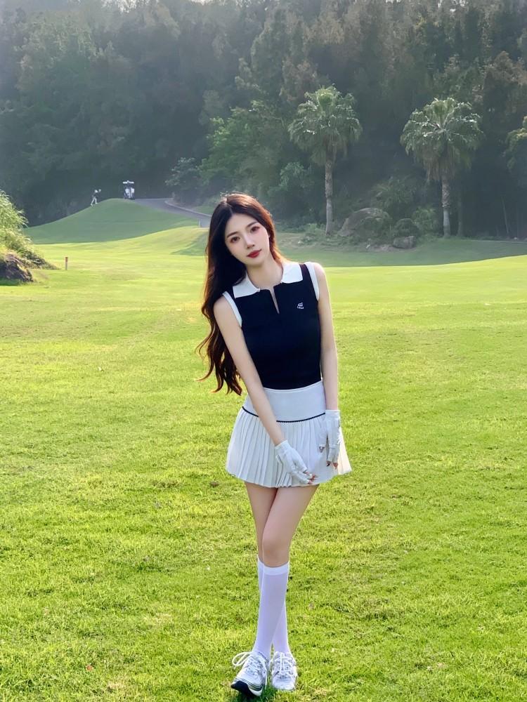 여성 골프웨어 긴팔 민소매 상의 카라티셔츠 미니스커트 세트 봄 가을 여름 스포츠웨어 여름브이넥민소매상의+화이트미니스커트세트 m - 상품 이미지