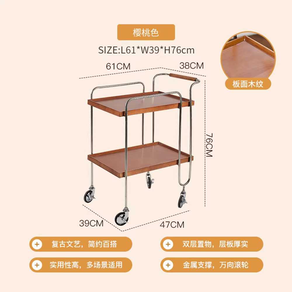 엔틱 손잡이 우드 트레이 철제 원목 웨건 카트 협탁 70x45x83cm 체리색 고무나무 이미지 6