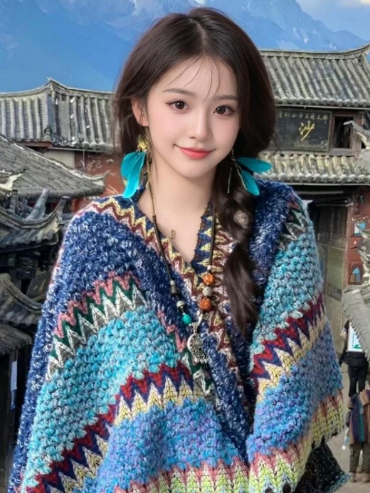 여성 니트 숄더 숄 티셔츠 몽골 여행 탑 망토 스카프 겉옷 에스닉 스타일 숄+브라이트레드 헤드피스+브라이트레드 귀걸이 - 상세 이미지 2