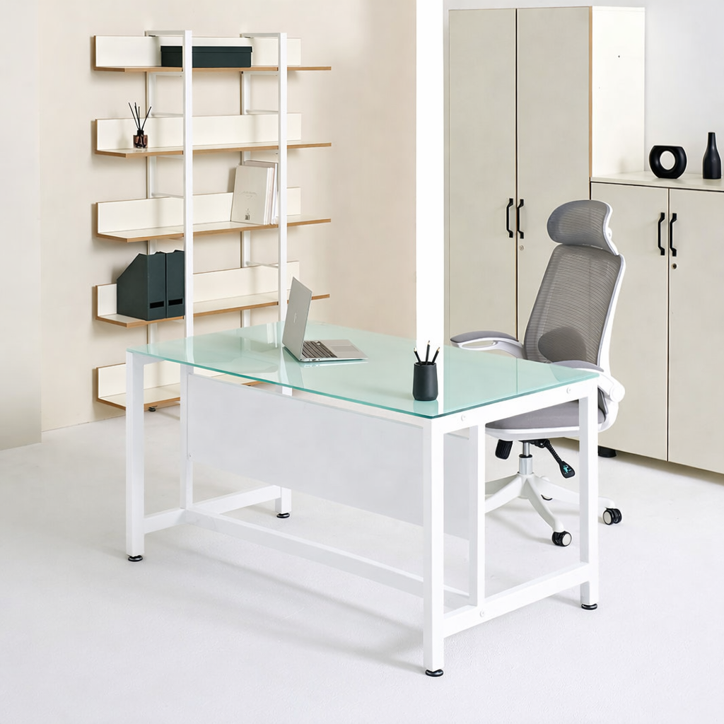 티에스퍼니처 8T 강화유리 TS-03 가림막 철제 책상 데스크 1400x800mm, 화이트+화이트 - 상품 이미지