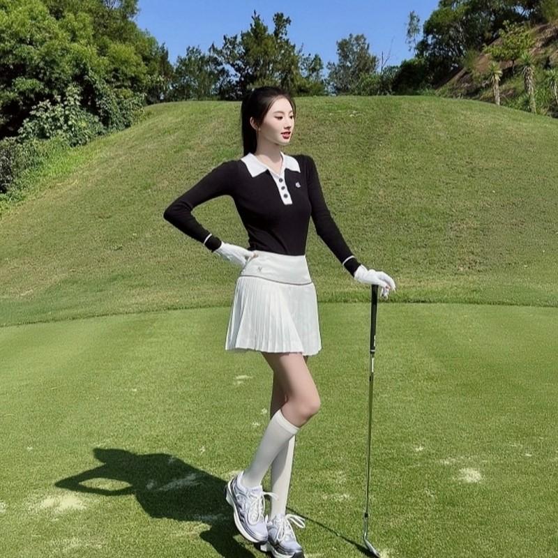 여성 골프웨어 긴팔 민소매 상의 카라티셔츠 미니스커트 세트 봄 가을 여름 스포츠웨어 여름브이넥민소매상의+화이트미니스커트세트 m 이미지 6