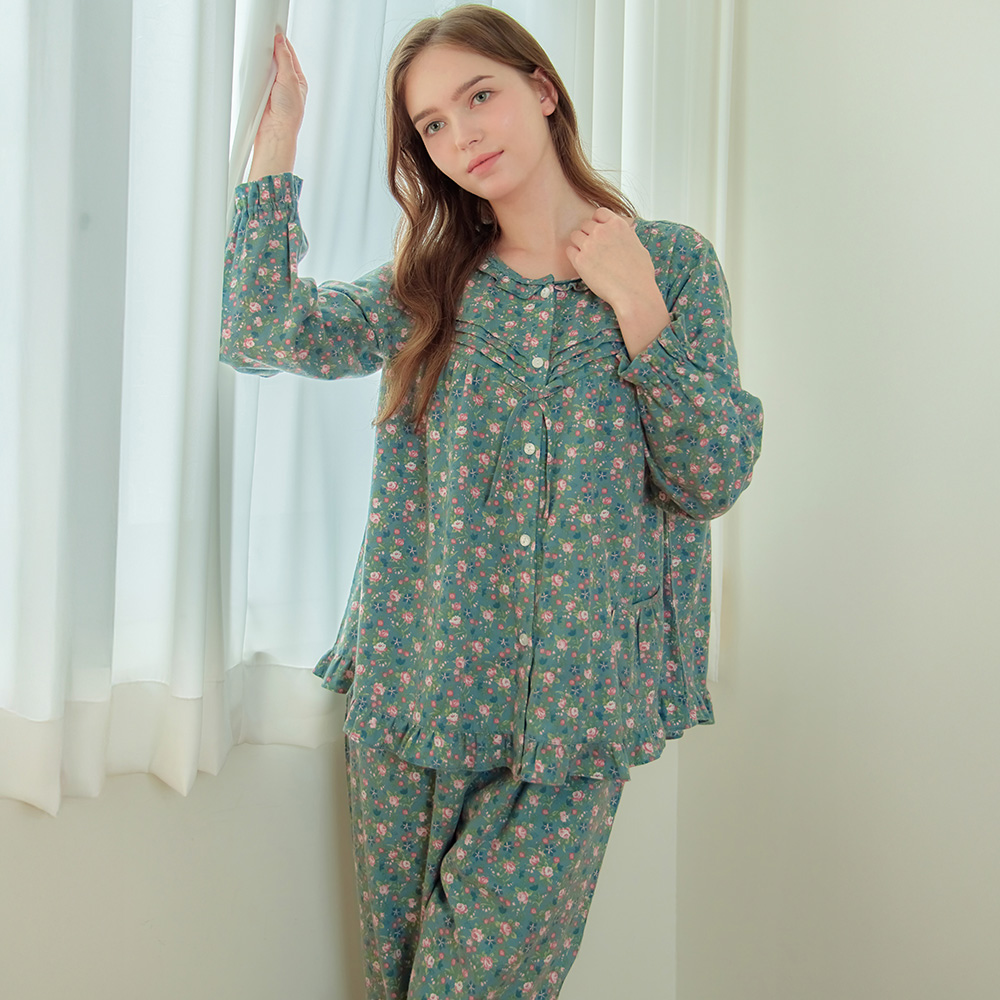 그린핑크잔꽃 긴팔 약기모 순면 빅사이즈 여성 홈웨어 잠옷 세트 제품 이미지
