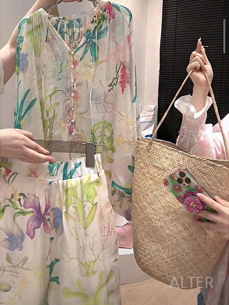 여성 빅사이즈 셔츠 투피스 세트 휴양지 반바지 상의 꽃무늬 상의 M(추천 42-50kg) - 상세 이미지 4