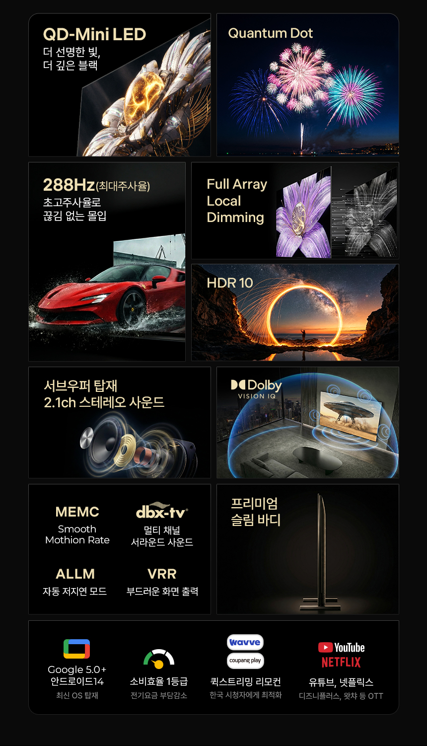 구글5.0 191cm(75인치), QD-MINILED 288Hz, 더함 CHiQ 상하좌우벽걸이 전문설치