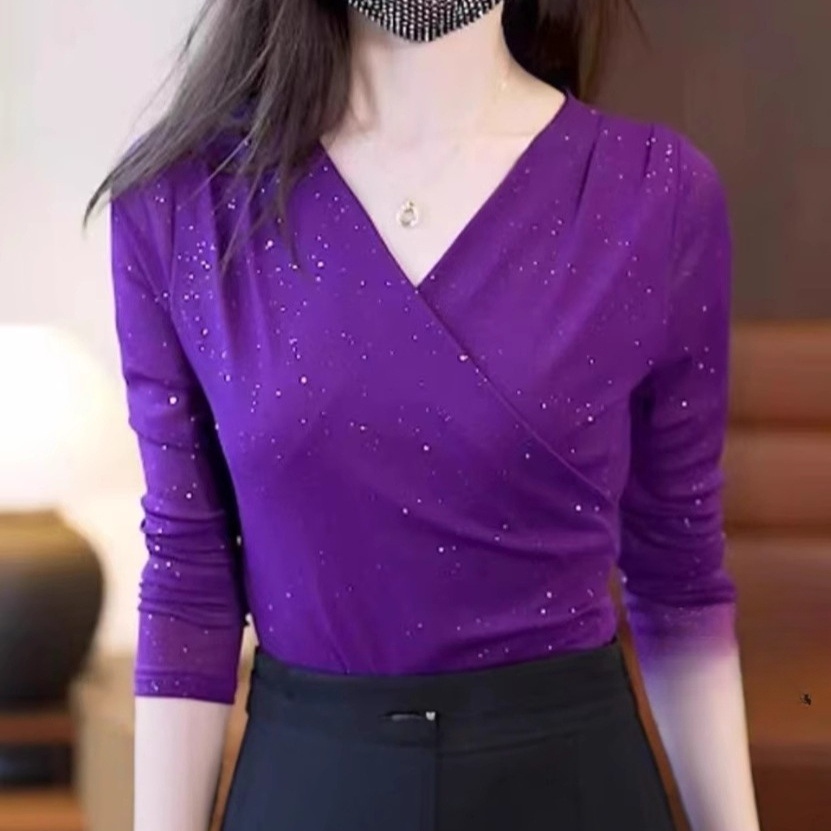 라인댄스 상의 댄스복 여성용 줌바댄스 성인 브이넥 랩스타일 긴팔 시스루 반짝이 스판 메쉬 - 상세 이미지 2