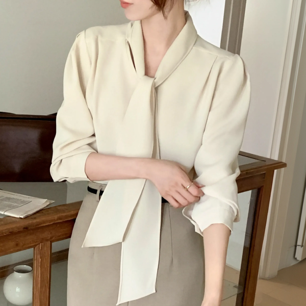 브이넥 타이 긴팔 블라우스 오피스 출근 데일리 하객룩 bs8425 제품 이미지