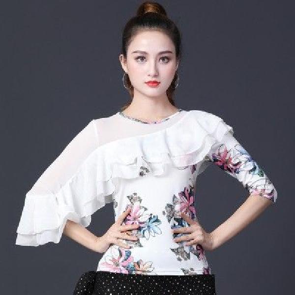 줌바 라틴댄스복 프릴 에어로빅복 라틴 여름 사교 여성 무대의상 반팔 라인 방송 댄스복 - 상세 이미지 5
