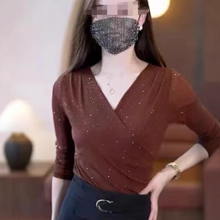 라인댄스 상의 댄스복 여성용 줌바댄스 성인 브이넥 랩스타일 긴팔 시스루 반짝이 스판 메쉬 - 상세 이미지 3