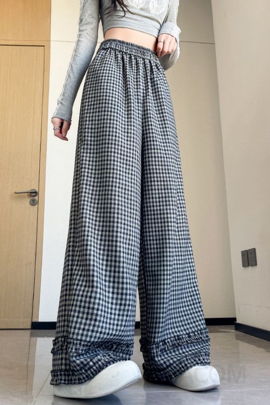여성 캐주얼 스트릿 와이드핏 체크 면 밴딩 프릴 밑단 하이웨스트 롱 바지 격자무늬 통바지 편안한 데일리룩 팬츠 이미지 6