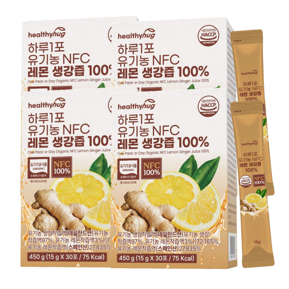 헬씨허그 하루1포 유기농 레몬생강즙 NFC 100% 15g 30포, 4개 - 상품 이미지