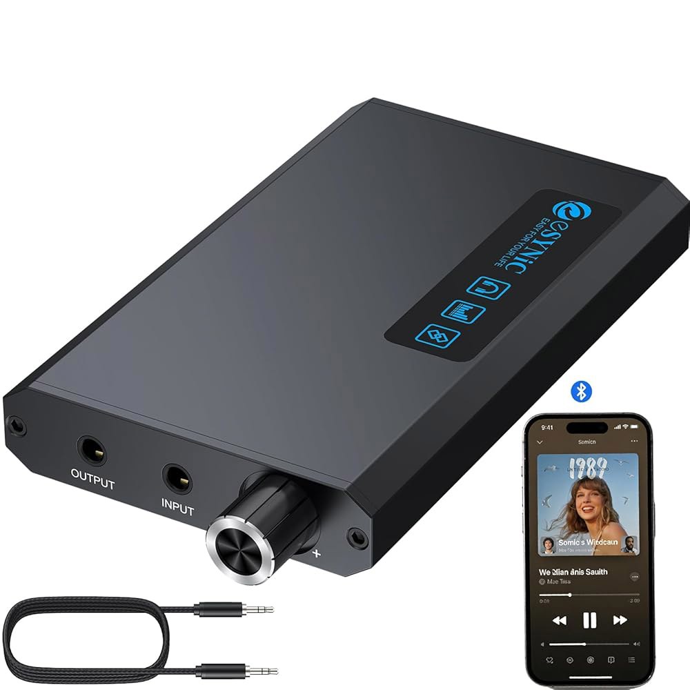 eSynic 블루투스 5.1 수신기 헤드폰 앰프 충전식-16-300옴 HiFi 3.5MM 오디오 휴대용 자동차 앰프, 듀얼 게인 스위치 및 알루미늄 케이스 포함 자동차/휴대폰/노트 - 상품 이미지