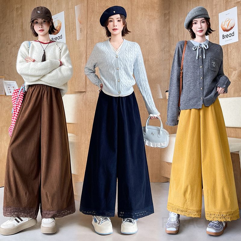 여성 데일리 루즈핏 하이웨스트 와이드 코듀로이 레이스 배색 밴딩 하렘 팬츠 배기 바지 심플 무지 베이직 - 상품 이미지