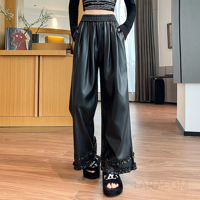 여성 스트릿 시크 하이웨스트 레더 밑단 프릴 와이드 통바지 가죽 팬츠 직통 와이드팬츠 루즈핏 무드팬츠 - 상세 이미지 4