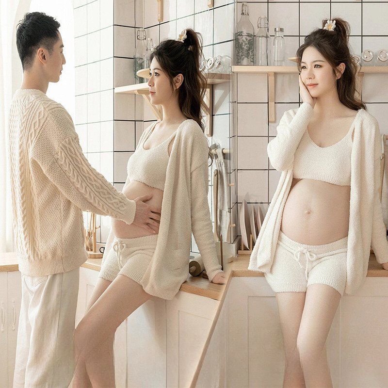 겨울 주수사진 커플옷 커플룩 니트 나시 임산부 상하의 반바지 만삭촬영 만삭사진옷 - 상품 이미지