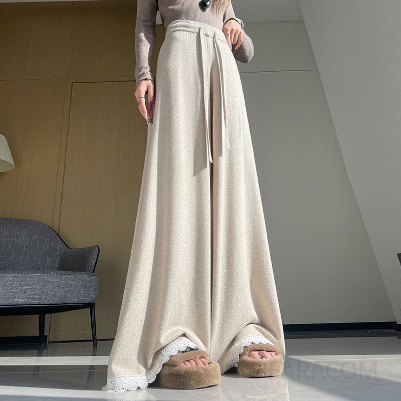 여성 캐주얼 데일리 루즈핏 와이드 니트 하이웨스트 밴딩 레이스 포인트 롱팬츠 바지 빅사이즈 가을 겨울 - 상세 이미지 4