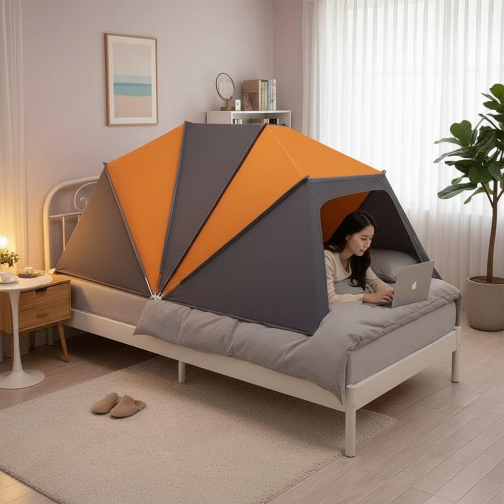 수면텐트 실내 방한 방풍 접이식 가정용 수면돔 1인용 외풍차단 난방텐트 싱글, 오렌지 제품 이미지
