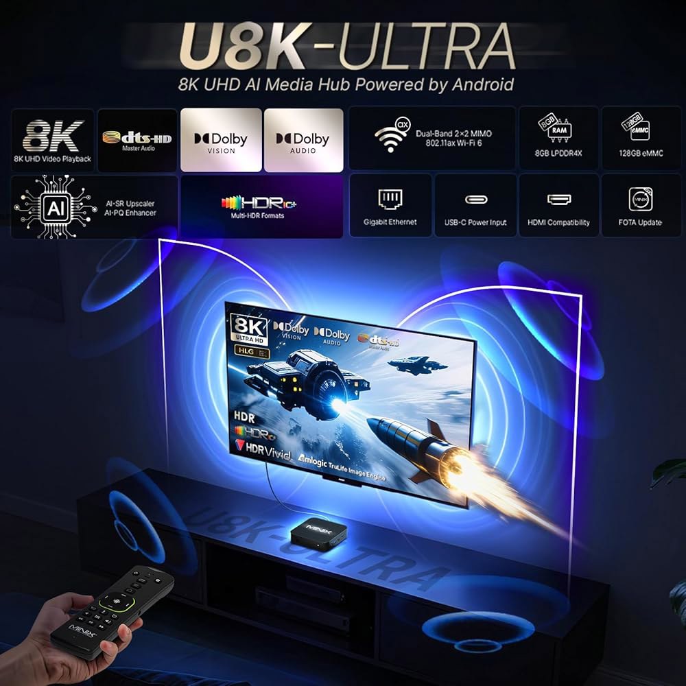 AI 화질 향상 및 해상도 기능을 갖춘 MINIX U8K-Ultra 8K 안드로이드 미디어 플레이어 8GB RAM 128GB eMMC, AOSP 11(비안드로이드 TV), 돌비 - 상세 이미지 2