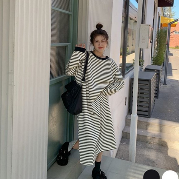 빅사이즈 여성 스트라이프 원피스 루즈핏 여성 롱 원피스 단가라 데일리 - 상품 이미지